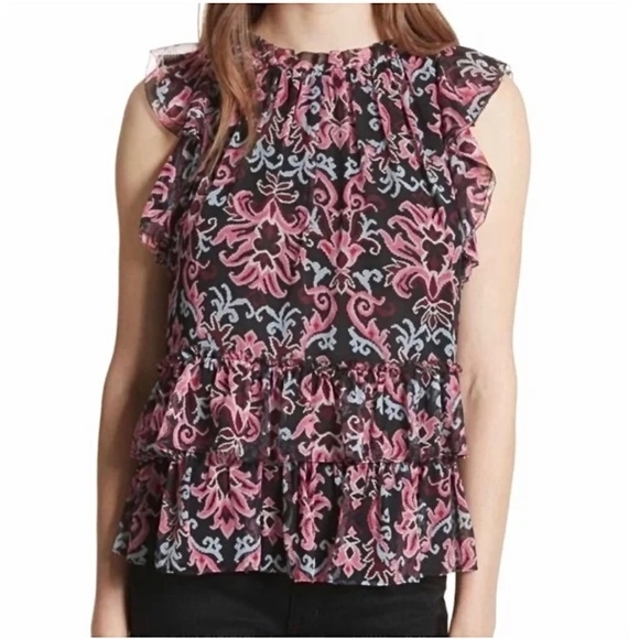 KATE SPADE NWT 🏷️Silk Tapestry Print Pink & Gray On Black Slvlss Ruffle Top XL - Picture 1 of 11
